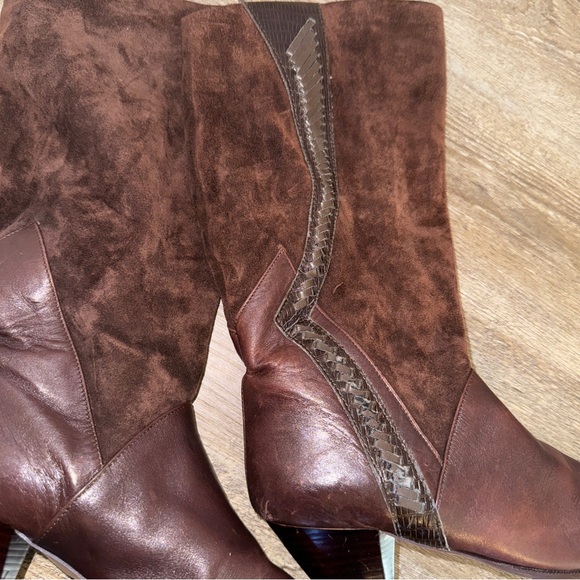 Suede Leather Calf-length Brown Slip On Western Riding Boots Size 7 - Picture 11 of 12